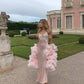 Pink Fashion Lace Strap Ankle Length Long Satin Ball Gown Prom Dress Evening Gown with Pink Tulle Shawl nv3291