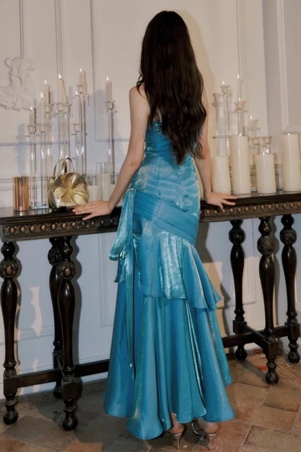NiceVestidos – Ärmelloses, glänzendes, schmal geschnittenes, bodenlanges Abendkleid in Seeblau, NV5784