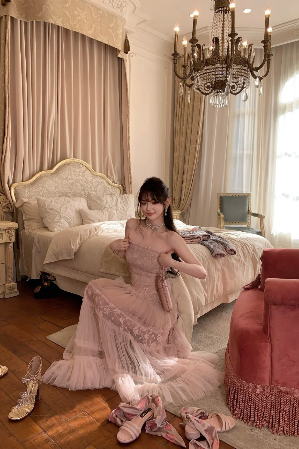 Langes, rosafarbenes Chiffon-Abendkleid NV6745