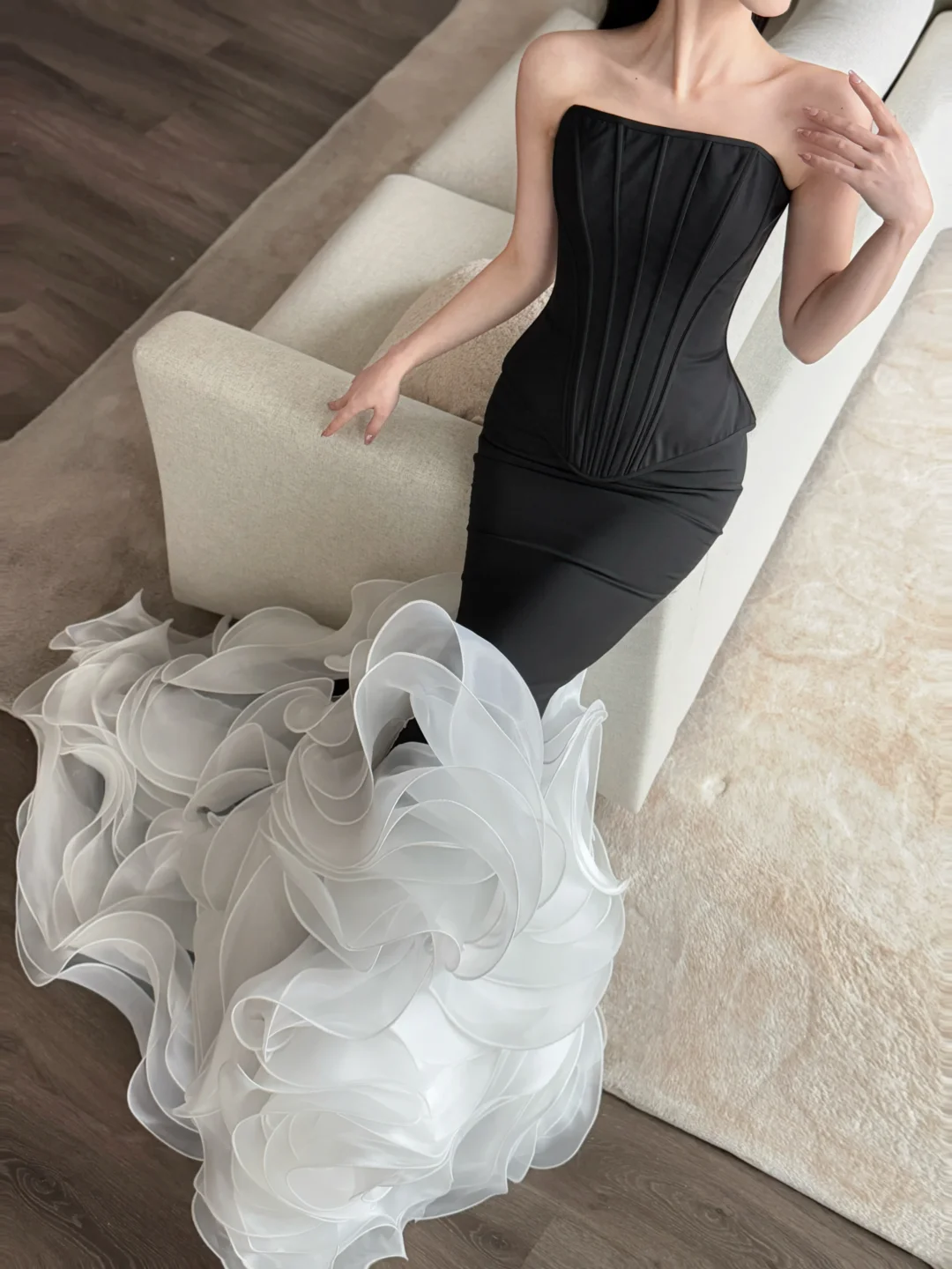 Black White Corset Mermaid Prom Dress 3D Ruffled Organza Train  NV7136