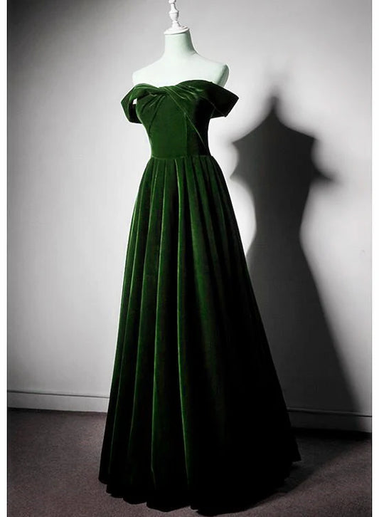 Schönes, schulterfreies, langes A-Linien-Partykleid aus Samt in Grün, Brautjungfernkleider, Ballkleid, Abendkleid, nv2018