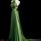 Grünes, weiches Satin-Neckholder-Abendkleid, langes Partykleid, grünes A-Linien-Ballkleid nv1593
