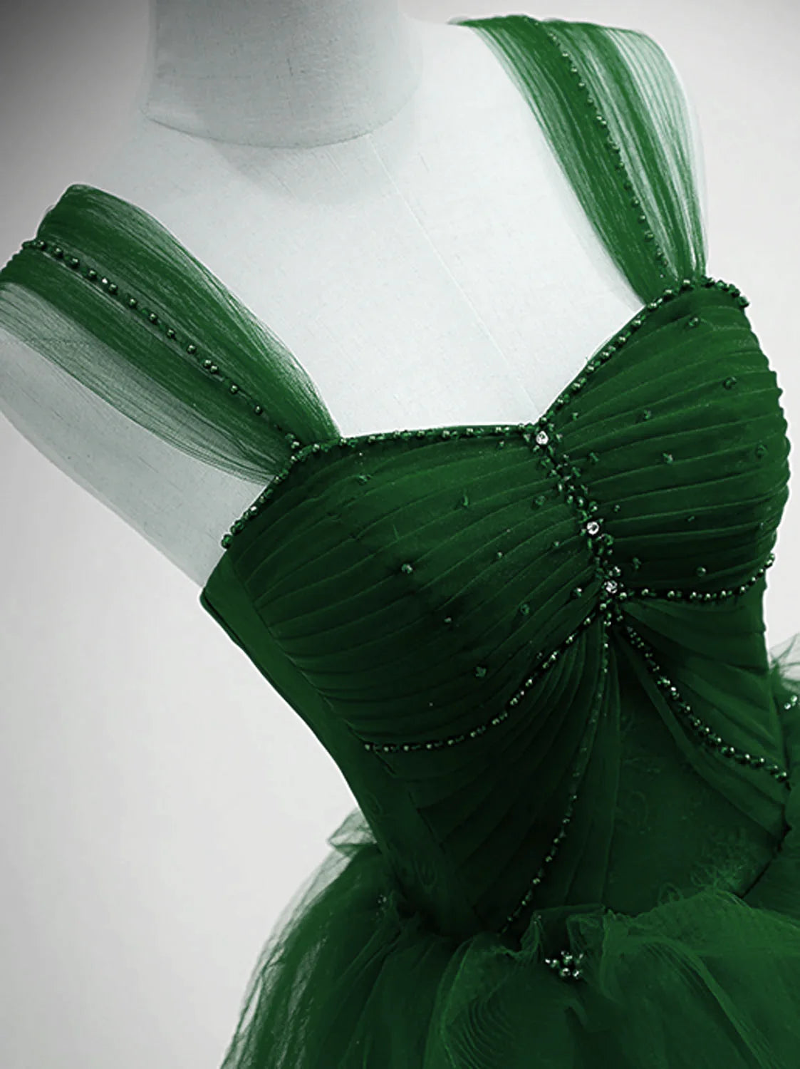 Robe de soirée longue en tulle vert avec perles et décolleté en cœur, coupe trapèze, robe de bal, nv2145
