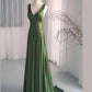 A-Linie Grün Satin V-Ausschnitt Tiefem Rücken Ballkleid Abendkleid Partykleid nv1779