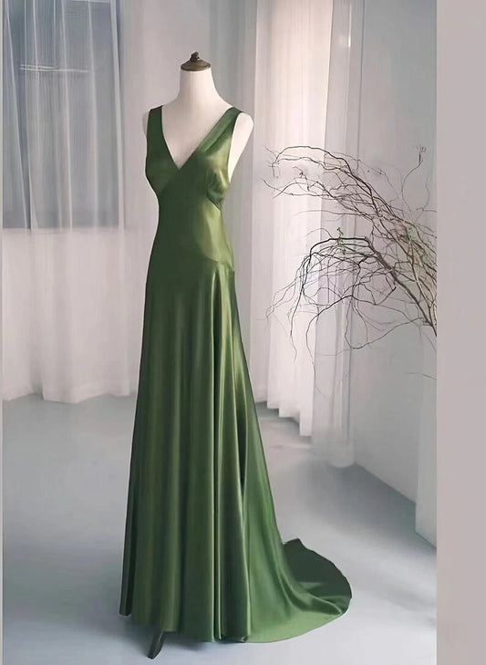 A-Linie Grün Satin V-Ausschnitt Tiefem Rücken Ballkleid Abendkleid Partykleid nv1779