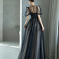 Black Elegant Tulle Puffy Short Sleeve A-Line Long Ball Gown Evening Dress Party Dress nv2479