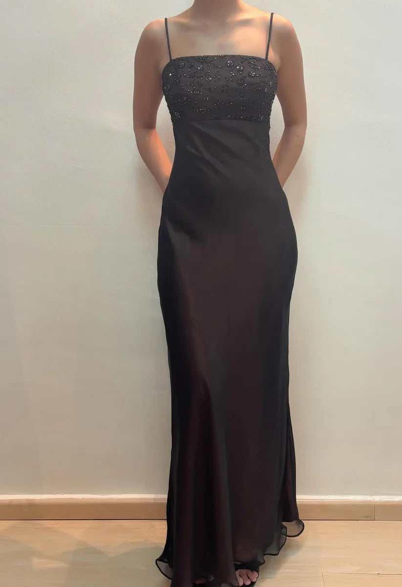NiceVestidos - Superbe robe de soirée à fleurs et perles, sans manches, en mousseline noire, coupe ajustée, longueur au sol, NV5775