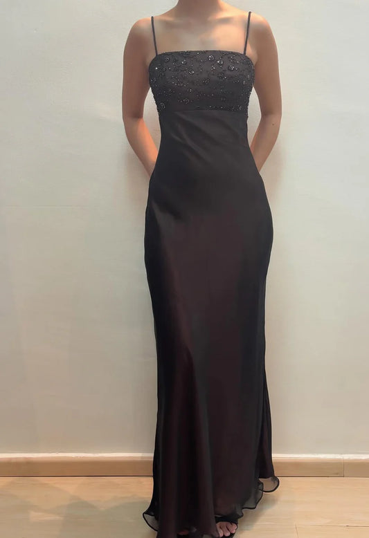 NiceVestidos - Superbe robe de soirée à fleurs et perles, sans manches, en mousseline noire, coupe ajustée, longueur au sol, NV5775