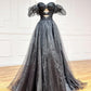Schwarzes, schulterfreies, langes A-Linien-Ballkleid aus Tüll, schwarzes formelles Abendkleid nv1523
