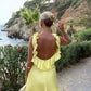 Robe de soirée courte élégante à volants et dos nu jaune nv2214