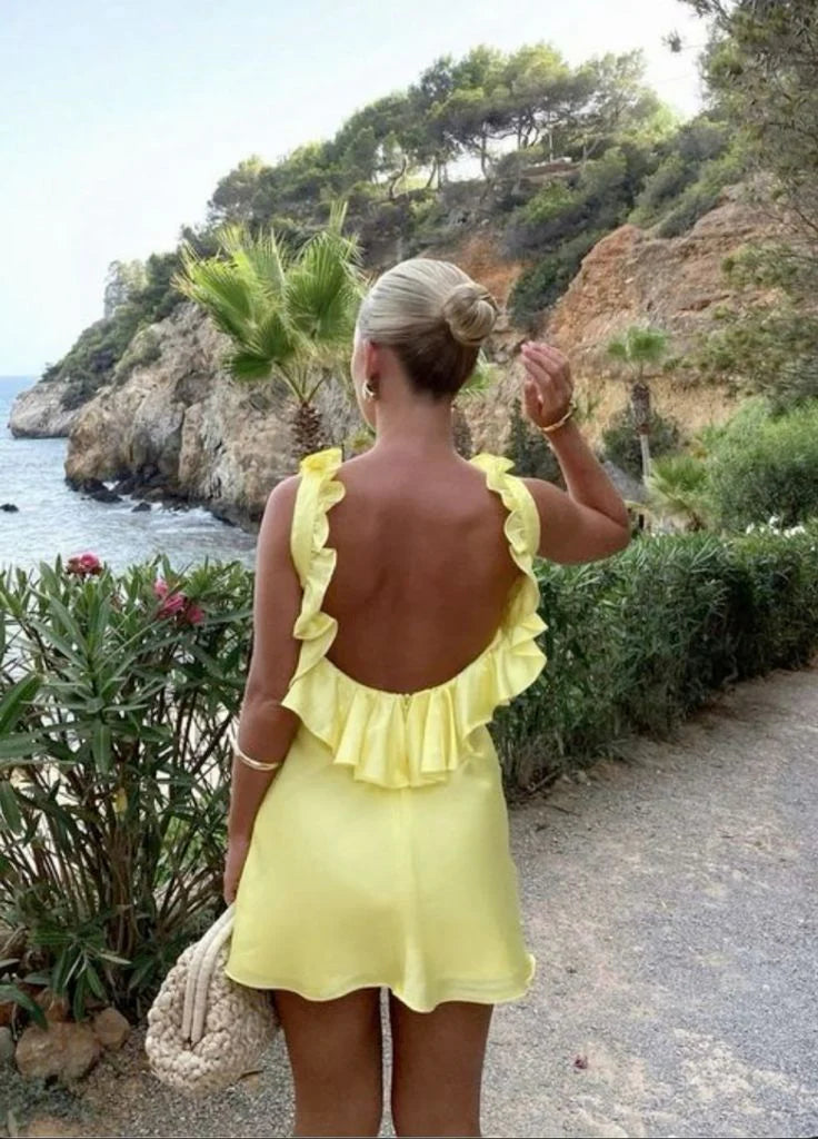Robe de soirée courte élégante à volants et dos nu jaune nv2214