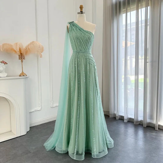 Green Luxury One Shoulder Sparkling Beaded Long Ball Gown Evening Gown with Sequins Party Dress nv2683