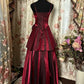 Burgunderrotes, glänzendes, modisches, elegantes, florales, langes, gestuftes Ballkleid aus Satin, nv3551