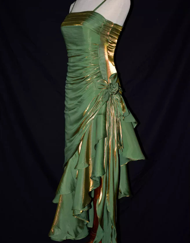 Robe de soirée élégante en satin vert rétro à bretelles spaghetti, longue et irrégulière, à volants, robe de bal, robe de soirée nv1626