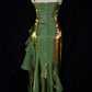 Robe de soirée élégante en satin vert rétro à bretelles spaghetti, longue et irrégulière, à volants, robe de bal, robe de soirée nv1626