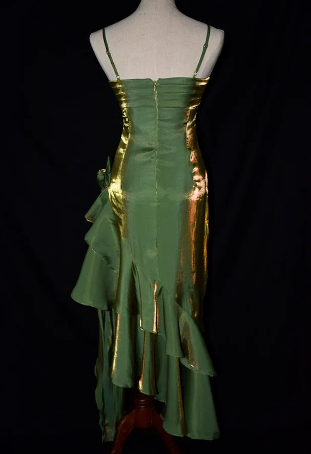 Robe de soirée élégante en satin vert rétro à bretelles spaghetti, longue et irrégulière, à volants, robe de bal, robe de soirée nv1626