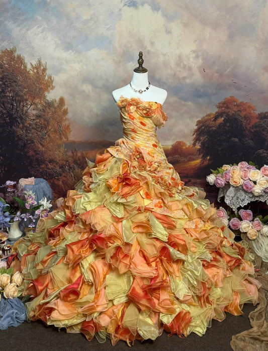 Gelb-orange, leuchtendes und lebendiges Bonbon-Farben-Vintage-Ballkleid aus langem Tüll mit Perlen, NV5145