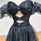 Schwarzes, schulterfreies, langes A-Linien-Ballkleid aus Tüll, schwarzes formelles Abendkleid nv1523
