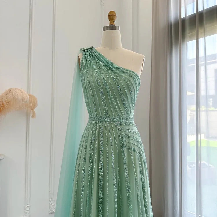 Green Luxury One Shoulder Sparkling Beaded Long Ball Gown Evening Gown with Sequins Party Dress nv2683