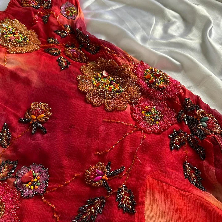 🌺✨Rotes, exquisites, mit Perlen besetztes, elegantes, langes Chiffon-Ballkleid im Retro-Stil, Partykleid NV5351