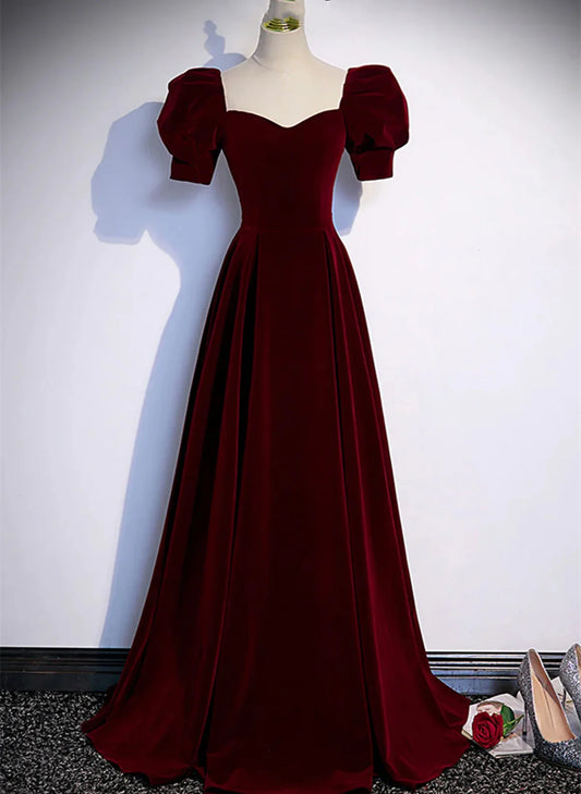 Wunderschönes burgunderrotes langes A-Linien-Partykleid aus Samt, Ballkleid, Abendkleid, nv2131