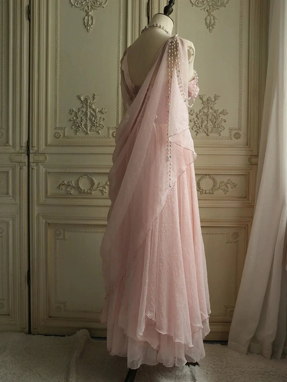 Robe de soirée longue en tulle rose, élégante et douce, avec perles, nv3417