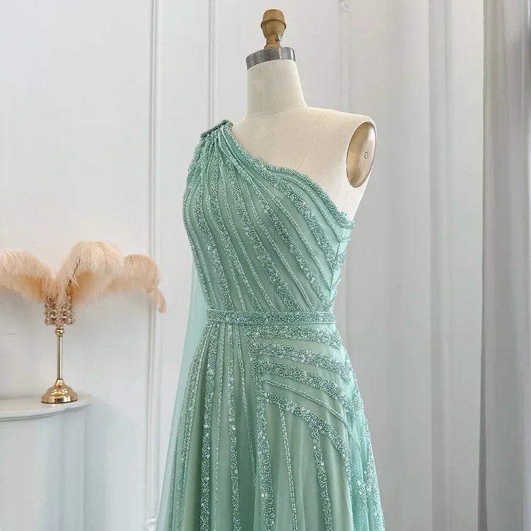 Green Luxury One Shoulder Sparkling Beaded Long Ball Gown Evening Gown with Sequins Party Dress nv2683