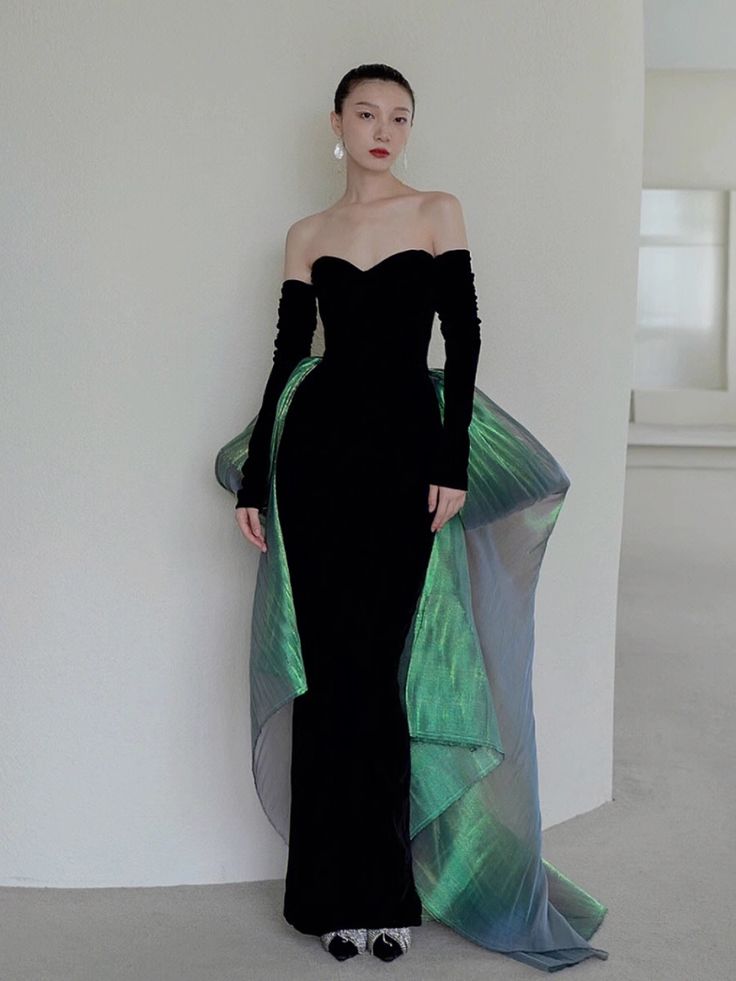 Black Sexy Elegant Off Shoulder Mermaid Long Velvet Ball Gown with Sleeves Evening Dress Party Dress nv2326