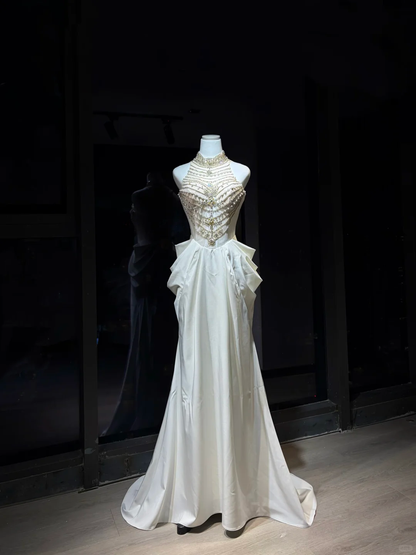 White Halter Satin Mermaid Evening Dress, Heavy Rhinestone Beaded Bodice with 3D Petal Waist  NV7088