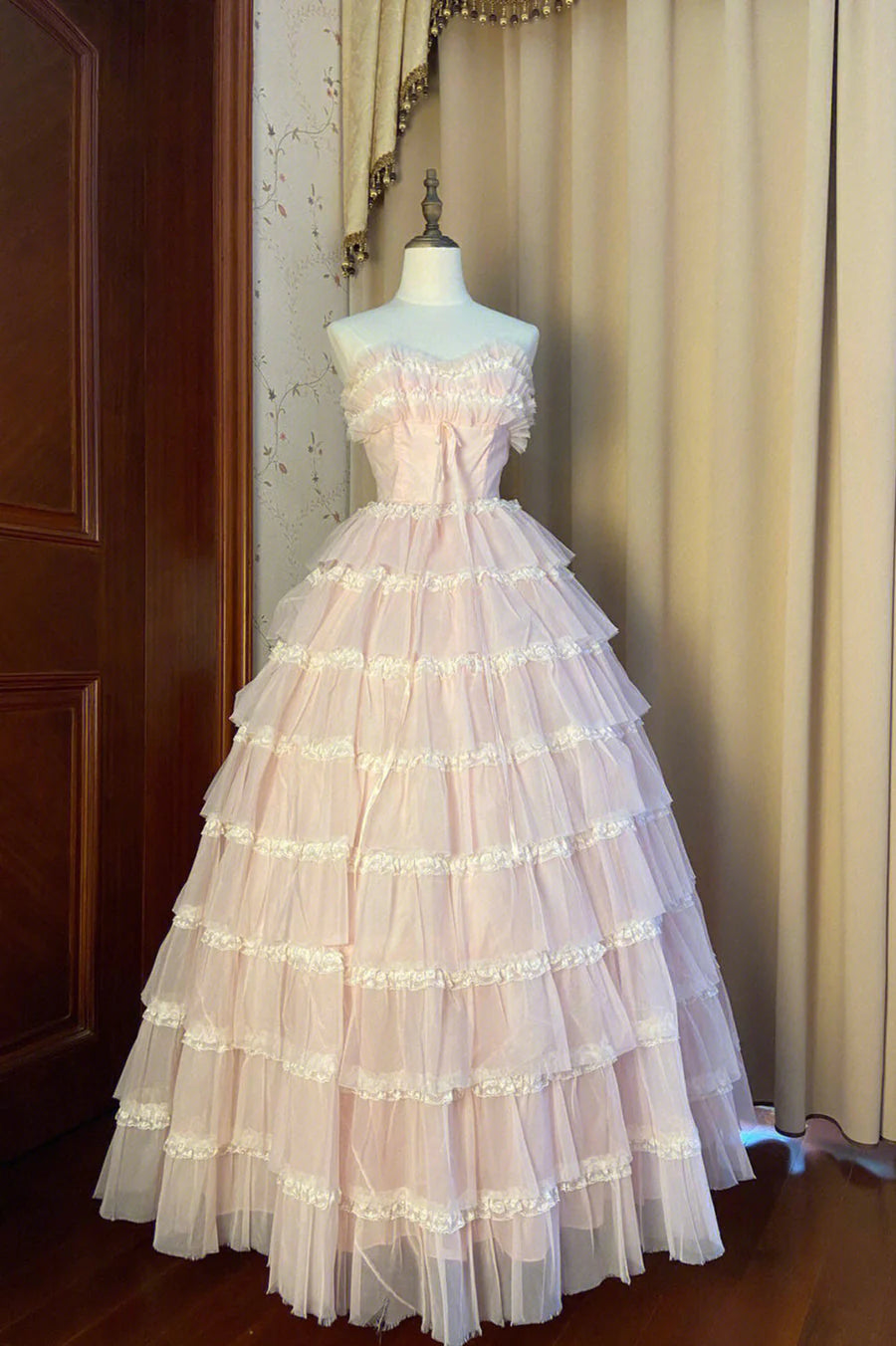 Rosa schulterfreies langes Partykleid aus mehrlagigem Tüll, wunderschönes Ballkleid, formelles Kleid nv2726