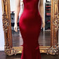 Rotes ärmelloses Meerjungfrau-Ballkleid mit V-Ausschnitt und Neckholder, Stretch-Satin, Neckholder, ärmellos, langes Neckholder-Abendkleid, langes Partykleid, nv2036