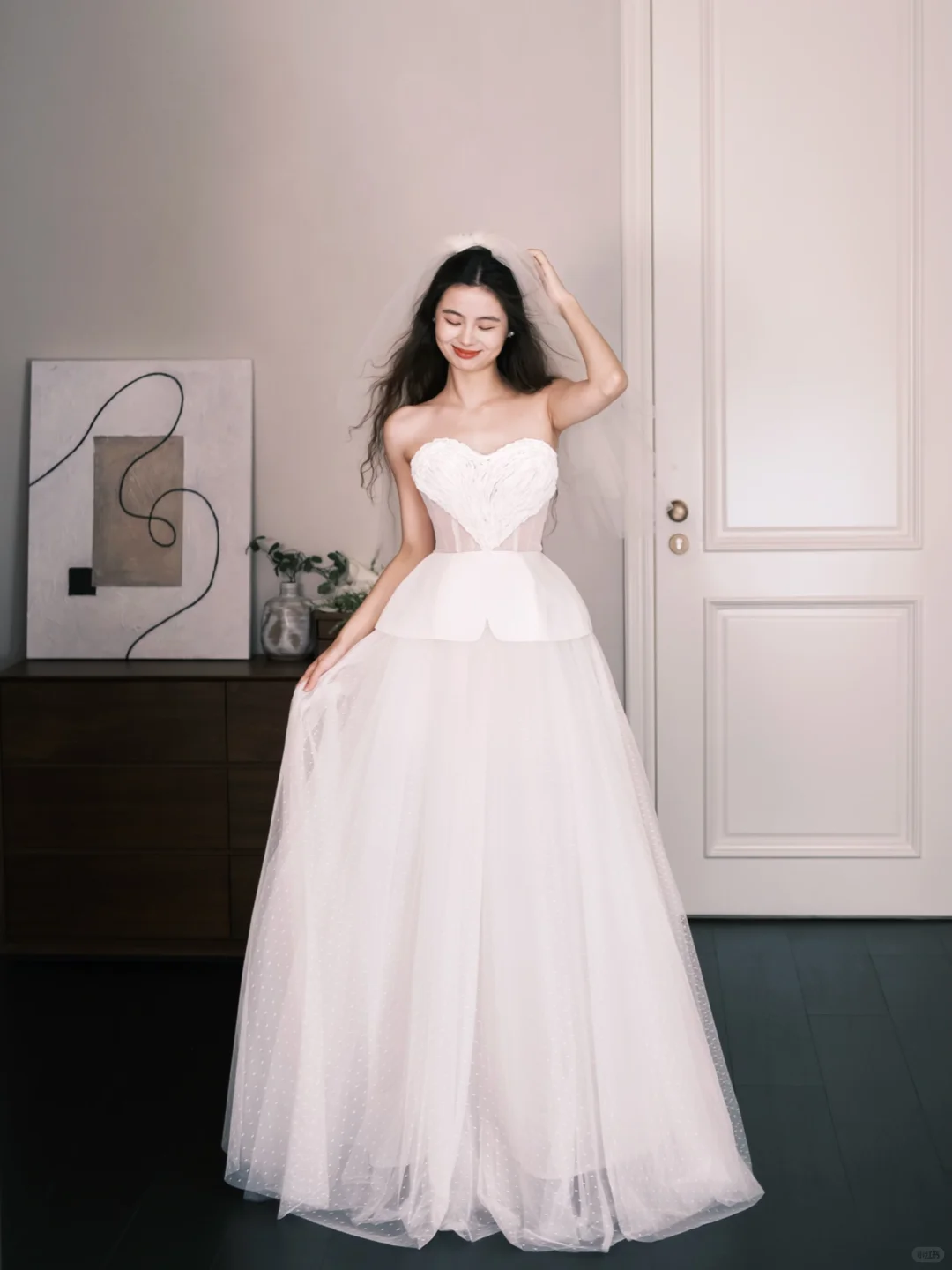 Strapless Heart Neck Dotted Tulle Wedding Dress, Romantic Ball Gown Bridal Gown  NV7326