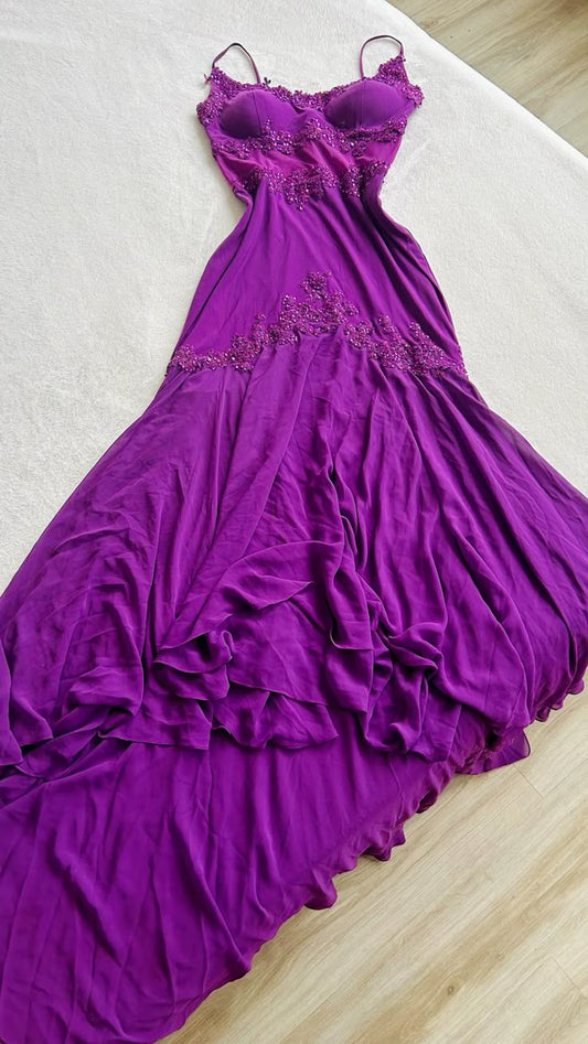 Lila Perlenbesetztes langes Chiffon-Ballkleid Abendkleid Hochzeitsgast Partykleid nv4486