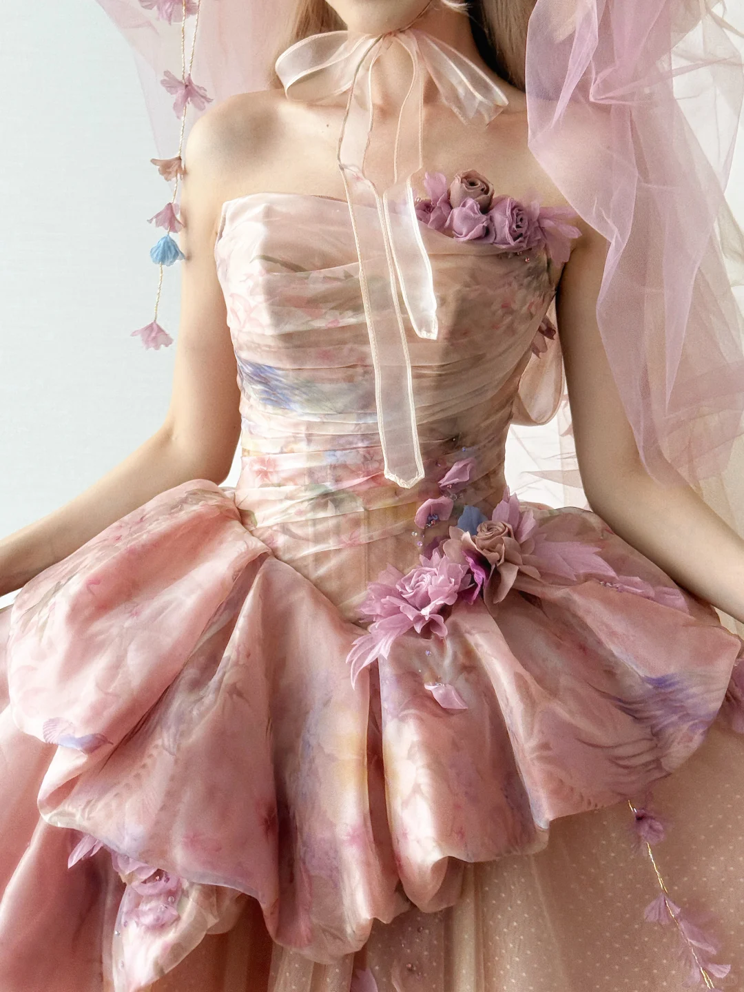 Strapless Pink Peach Tulle Ball Gown 3D Floral Prom Dress  NV7122