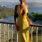Gelbes Satin-Schnür-Neckholder-V-Ausschnitt-Bodycon-Abendkleid Ballkleid Partykleid nv1934