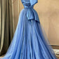 Blue spaghetti straps stylish elegant long satin tulle ball gown evening dress party dress nv3026