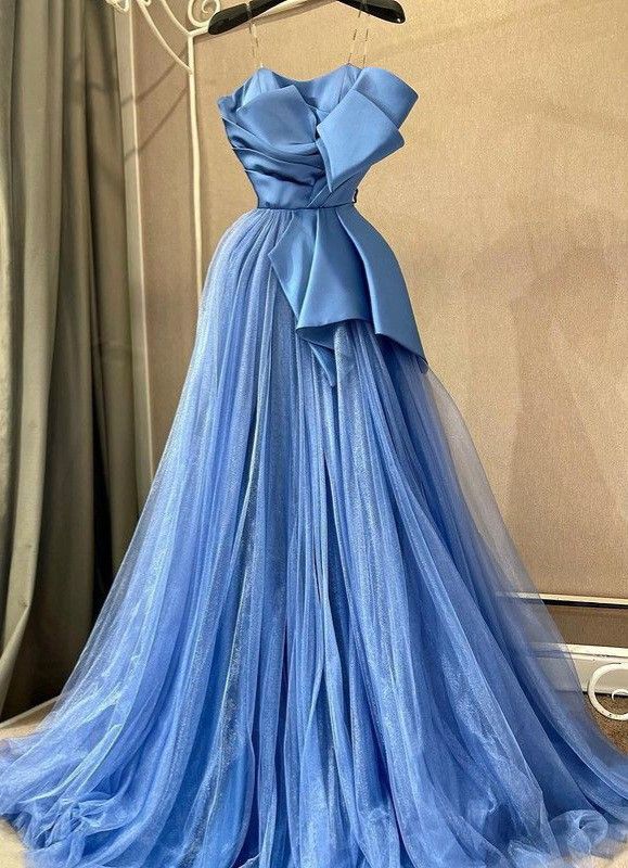 Blue spaghetti straps stylish elegant long satin tulle ball gown evening dress party dress nv3026