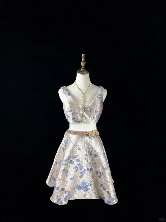 Champagne blue and gold embossed jacquard short homecoming dress birthday dress nv4487