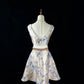Champagne blue and gold embossed jacquard short homecoming dress birthday dress nv4487