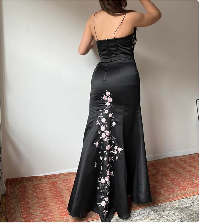 Black Stunning Vintage Satin Pink floral beads Long Prom Dress Gorgeous Evening Off-the-shoulder Dress Party Dress nv2749