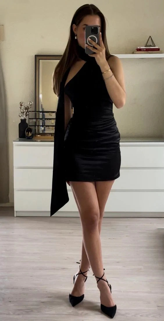 Schwarzes schlichtes elegantes kurzes Mini-Satin-Heimkehrkleid, Abendkleid, Partykleid, NV2346