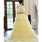 Lemon Yellow Off-the-shoulder Puff Sleeve Layered Tulle Long Ball Gown Evening Dress nv2836