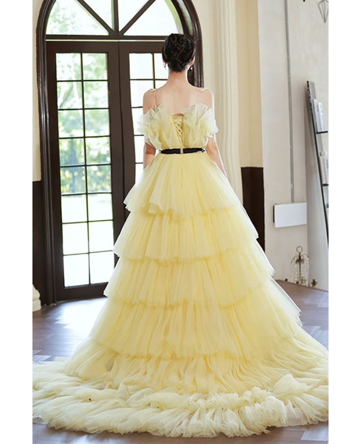 Lemon Yellow Off-the-shoulder Puff Sleeve Layered Tulle Long Ball Gown Evening Dress nv2836