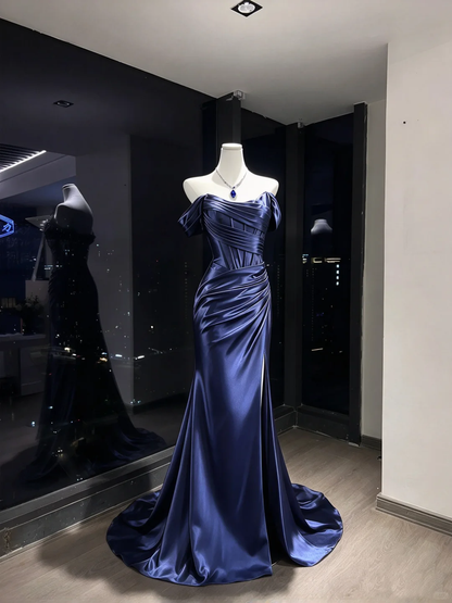 Navy Blue Off Shoulder Satin Mermaid Dress Ruched Corset High Slit Long Train Formal Prom Gown  NV6940