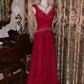 Robe de mariée rouge bordeaux luxueuse et élégante, ornée de perles, sans manches, col en V et traîne - Robe de mère de la mariée et robe de soirée NV6372
