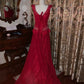 Robe de mariée rouge bordeaux luxueuse et élégante, ornée de perles, sans manches, col en V et traîne - Robe de mère de la mariée et robe de soirée NV6372
