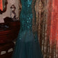Robe de soirée bleu paon entièrement sertie de diamants, sans bretelles, avec traîne sirène - Robe scintillante pour dîner et remise de prix NV6368
