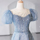 Hellblau glänzend elegant herzförmiger Ausschnitt exquisite Perlen Kurzarm lange Tüll Ballkleid Abendkleid Abschlusskleid nv3785