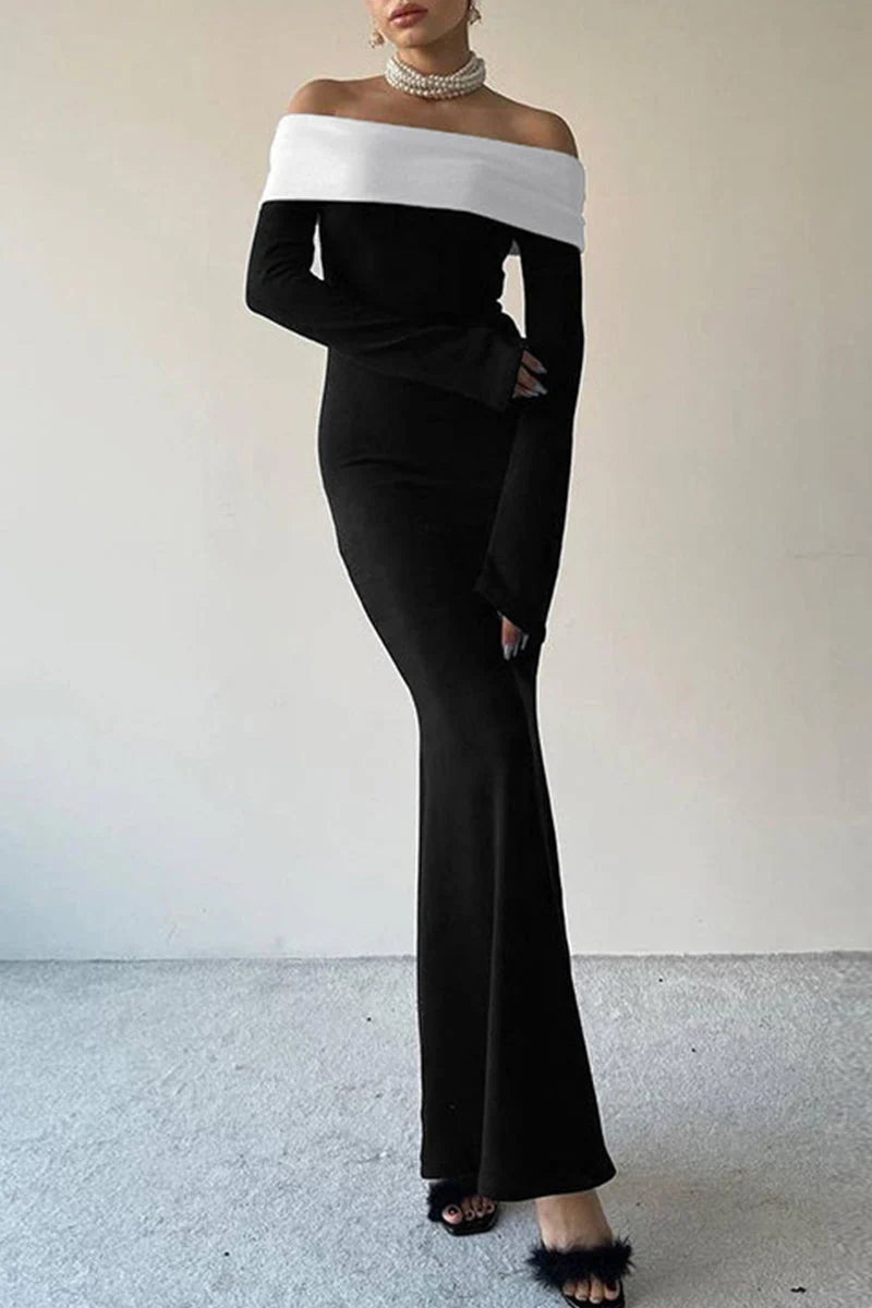 Schwarzes Ballkleid-Abendkleid mit schulterfreiem One-Step-Rock und einfarbigem Kontrast, NV1939