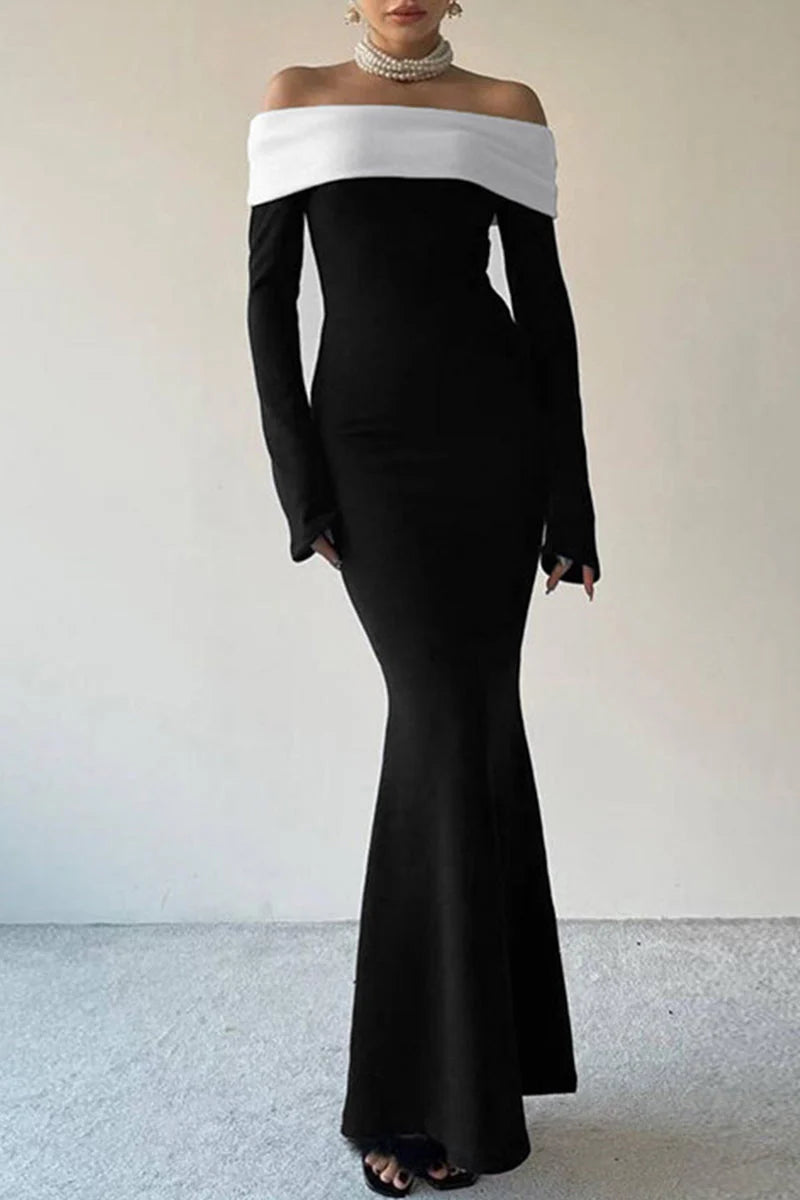 Schwarzes Ballkleid-Abendkleid mit schulterfreiem One-Step-Rock und einfarbigem Kontrast, NV1939